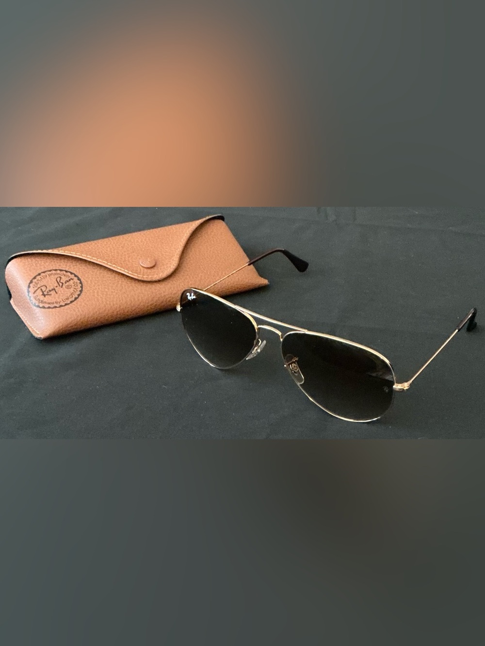 Ray-Ban Classic Aviator Sunglasses- Gold Wire Frames- Brown Gradient Lenses- Cas